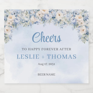 Chique waterverf blauw en ivoor rozen eucalyptus bier etiket