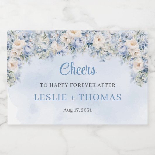 Chique waterverf blauw en ivoor rozen eucalyptus likeurfles etiket (Enkel label)