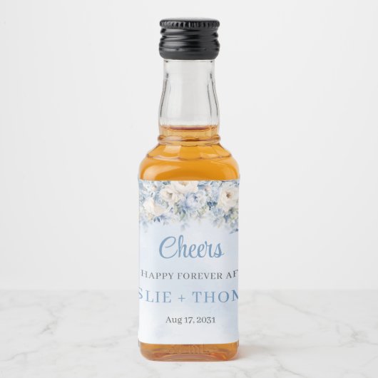 Chique waterverf blauw en ivoor rozen eucalyptus likeurfles etiket (Voorkant)