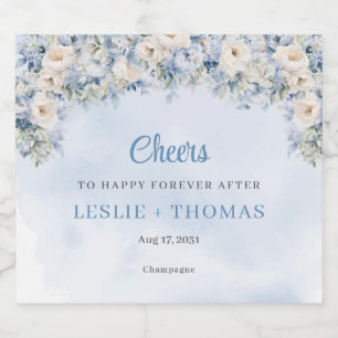 Chique waterverf blauw en ivoor rozen eucalyptus sparkling wijnetiket