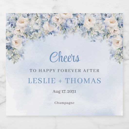 Chique waterverf blauw en ivoor rozen eucalyptus sparkling wijnetiket (Enkel label)