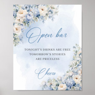 Chique waterverf blauw en wit rozen open bar poster