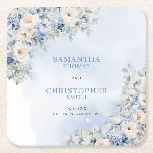 Chique waterverf blauw hortensia wit rozen kartonnen onderzetters (Voorkant)