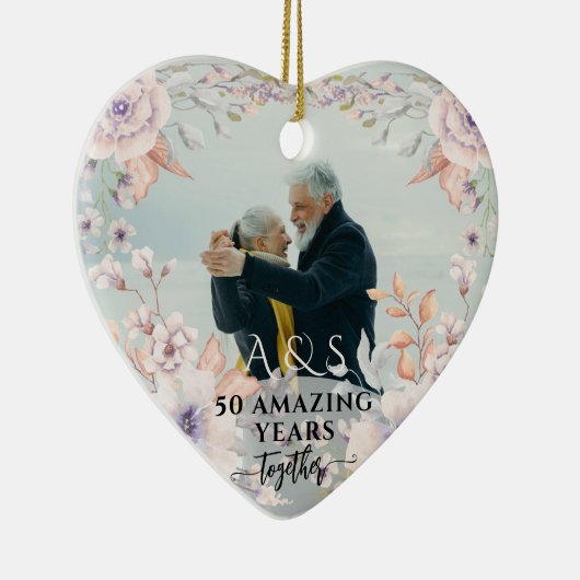 Chique Waterverf Bloem Bruiloft Jubileum 2 Foto Keramisch Ornament (Rechts)