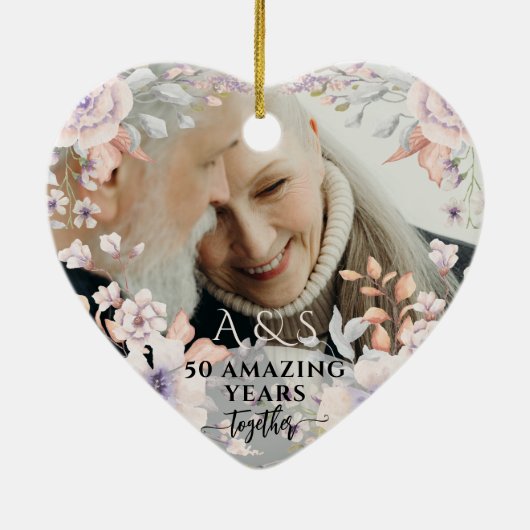 Chique Waterverf Bloem Bruiloft Jubileum 2 Foto Keramisch Ornament (Achterkant)