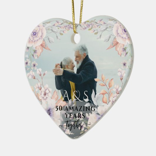 Chique Waterverf Bloem Bruiloft Jubileum 2 Foto Keramisch Ornament (Links)