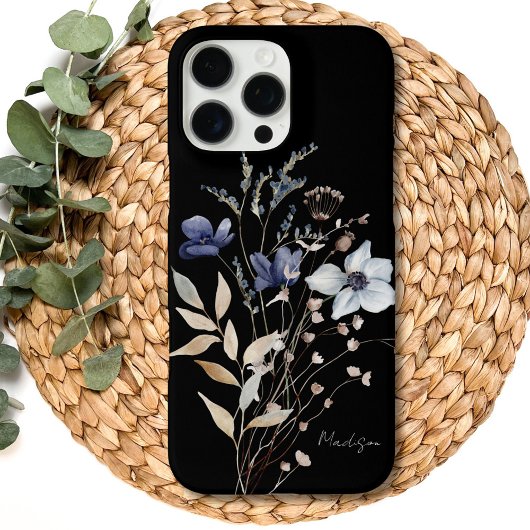 Chique Waterverf Bloem in Blauw met Monogram Case-Mate iPhone Case