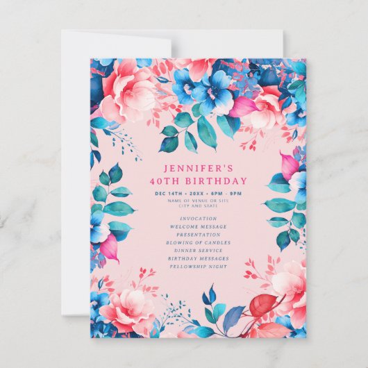 Chique Waterverf Bloemen 40e Verjaardagsprogramma  Kaart (Voorkant)