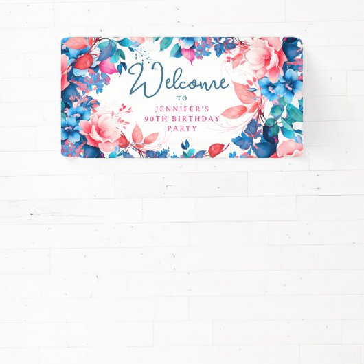 Chique Waterverf Bloemen 90ste Verjaardagsfeestje Spandoek (Insitu)