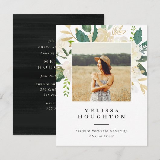 Chique Waterverf Bloemen Foto Afstudeerfeest Uitnodiging Briefkaart (Voorkant / Achterkant)