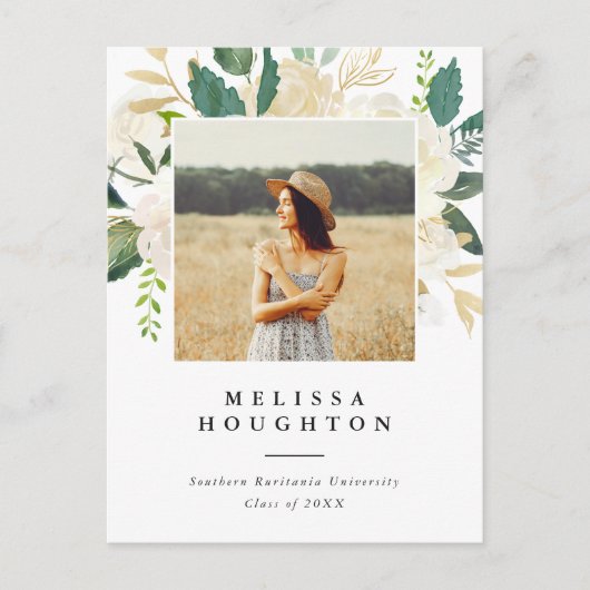 Chique Waterverf Bloemen Foto Afstudeerfeest Uitnodiging Briefkaart (Voorkant)