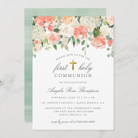 Chique Waterverf Bloemen Meisje's Eerste Heilige C Kaart (Voorkant / Achterkant)