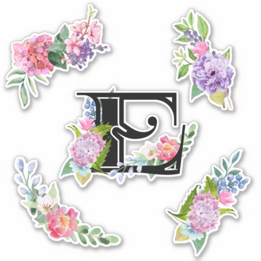 Chique Waterverf Bloemen met Letter E Sticker (Voorkant)