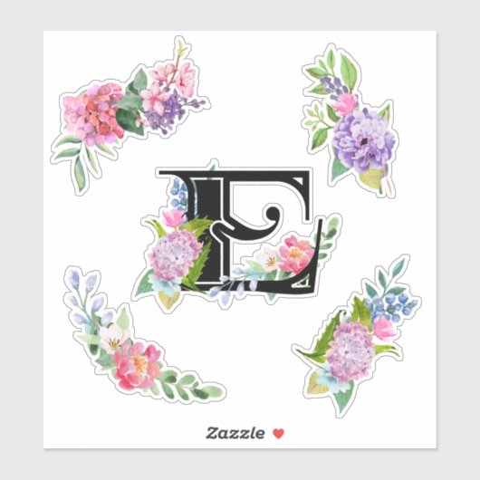 Chique Waterverf Bloemen met Letter E Sticker (Vel)