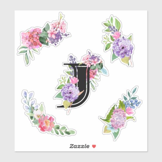 Chique Waterverf Bloemen met Letter J Sticker (Vel)