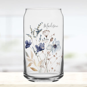 Chique Waterverf Bloemen met Monogram in Blauw Blikvorm Glas