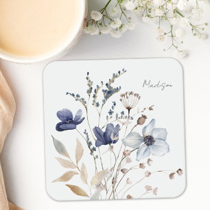 Chique Waterverf Bloemen met Monogram in Blauw Kartonnen Onderzetters