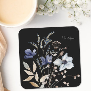 Chique Waterverf Bloemen met Monogram in Blauw Kartonnen Onderzetters