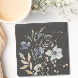 Chique waterverf bloemen met monogram in het blauw stenen onderzetter