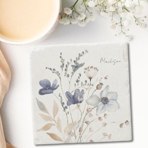 Chique waterverf bloemen met monogram in het blauw stenen onderzetter