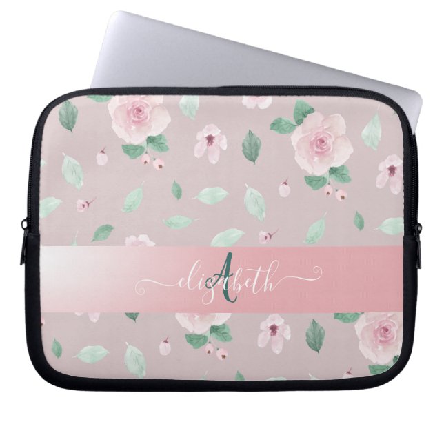 Chique Waterverf Bloemen Monogram Laptop Sleeve (Voorkant)