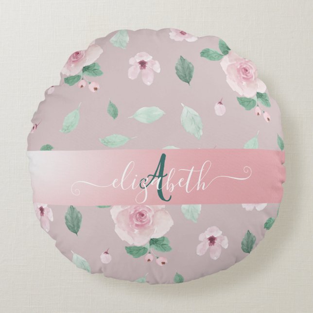 Chique Waterverf Bloemen Monogram Rond Kussen (Voorkant)