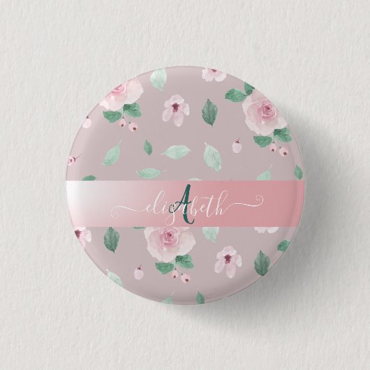 Chique Waterverf Bloemen Monogram Ronde Button 3,2 Cm (Voorkant)