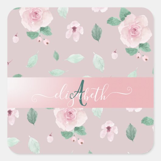 Chique Waterverf Bloemen Monogram Vierkante Sticker (Voorkant)