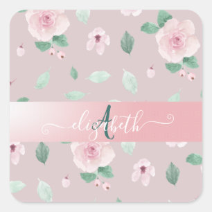 Chique Waterverf Bloemen Monogram Vierkante Sticker
