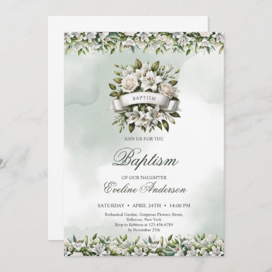 Chique waterverf bloemenkrans met lint Doop Kaart (Voorkant / Achterkant)