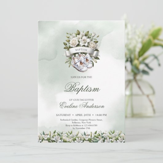 Chique waterverf bloemenkrans witte schoenen Doop Kaart (Staand voorkant)