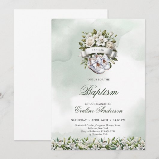 Chique waterverf bloemenkrans witte schoenen Doop Kaart (Voorkant / Achterkant)