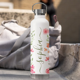 Chique Waterverf bloemenscript gepersonaliseerd Waterfles