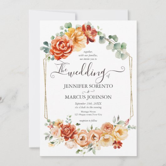 Chique Waterverf bloemperzik, gouden, Oranje bruil Kaart (Voorkant)