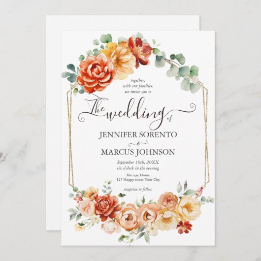 Chique Waterverf bloemperzik, gouden, Oranje bruil Kaart (Voorkant / Achterkant)