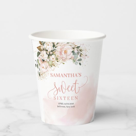 Chique waterverf bloesem gouden 16e verjaardag papieren bekers (Voorkant)
