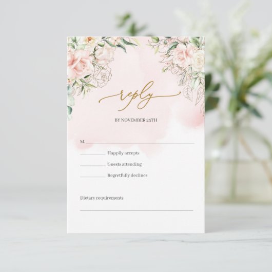 Chique waterverf blozen eucalyptus goud RSVP kaartje (Staand voorkant)