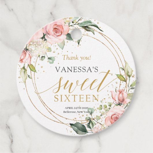 Chique waterverf blozen gouden salie zoet 16e bedankjes labels (Voorkant)