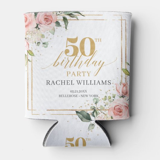 Chique waterverf blush bloemen eucalyptus goud 50e blikjeskoeler (Voorkant)