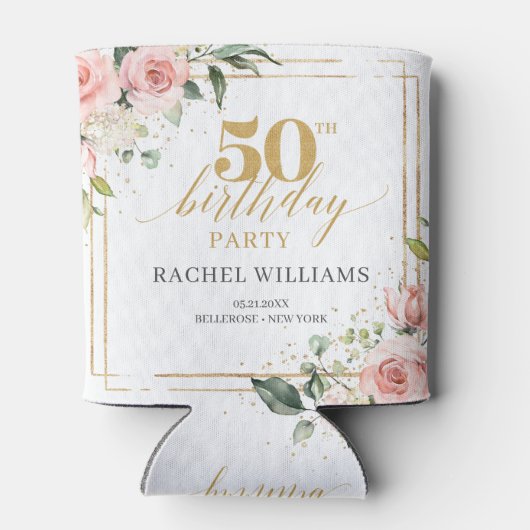 Chique waterverf blush bloemen eucalyptus goud 50e blikjeskoeler (Achterkant)