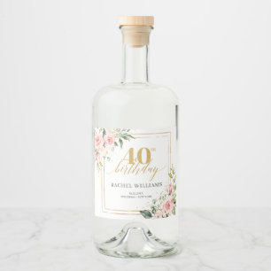 Chique waterverf blush bloemen goud 40ste verjaard likeurfles etiket