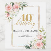 Chique waterverf blush bloemen goud 40ste verjaard wijn etiket (Enkel label)