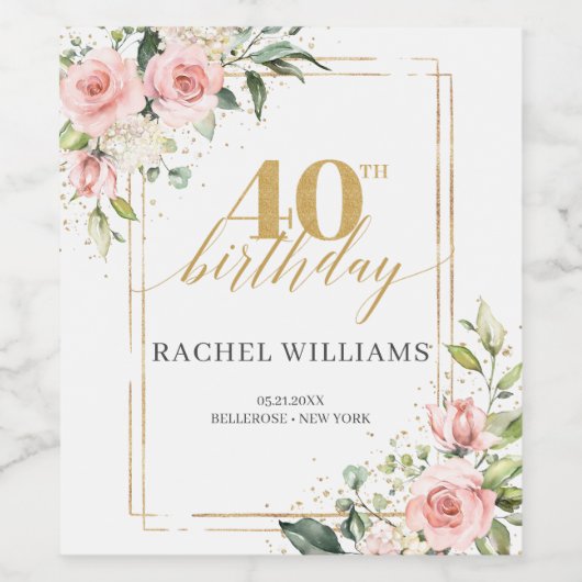 Chique waterverf blush bloemen goud 40ste verjaard wijn etiket (Enkel label)