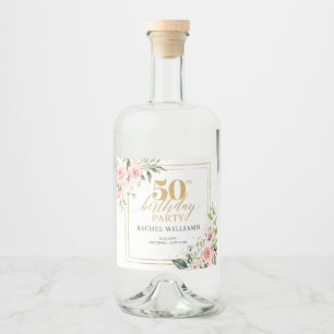 Chique waterverf blush bloemen goud 50ste verjaard likeurfles etiket