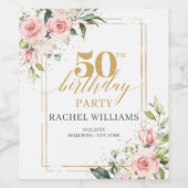 Chique waterverf blush bloemen goud 50ste verjaard wijn etiket (Enkel label)