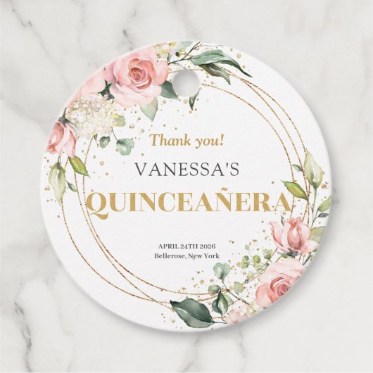 Chique waterverf blush bloemengouden salie Quincea Bedankjes Labels (Voorkant)