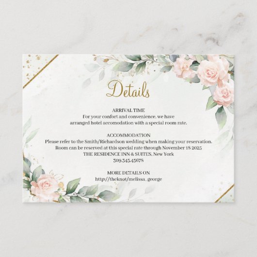 Chique waterverf blush bloesem en groen goud informatiekaartje (Voorkant)