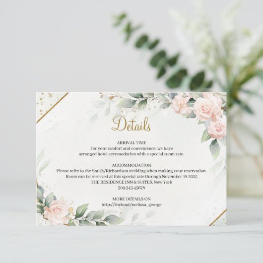 Chique waterverf blush bloesem en groen goud informatiekaartje (Staand voorkant)