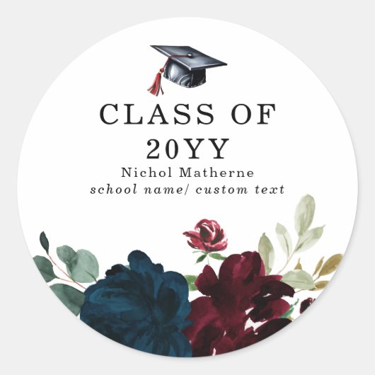 Chique Waterverf Bourgogne Navy Florals Afstuderen Ronde Sticker (Voorkant)