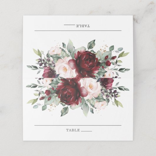 Chique Waterverf Bourgondië Blush Bloemen Bruiloft Plaatskaartje (Buitenkant ongevouwen)